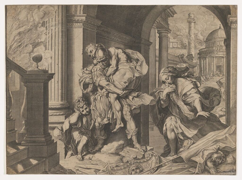 Aeneas and his family fleeing Troy by Agostino Carracci, 1595
