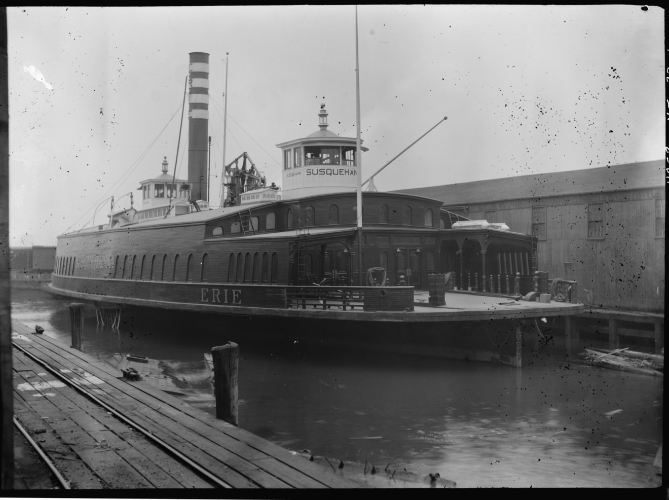 An undated photograph of an Erie-owned ferryboat named the "Susquehanna" docked at the Pavonia Ferry Terminal