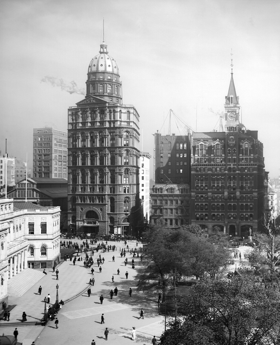 Newspaper Row, New York City, Detroit Publishing Co., c. 1905, Library of Congress. Thanks to The Skyscraper Museum.
